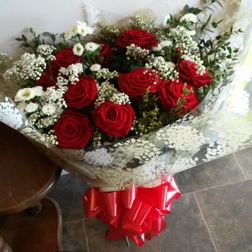 12 beautiful red roses with foliage and gyp £45